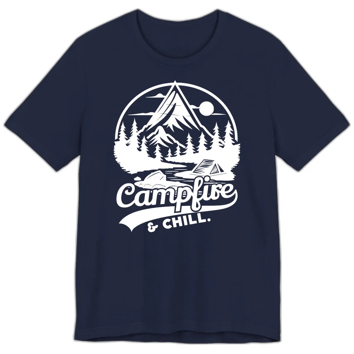 Circular mountain camping badge design featuring snow peak, forest, tent, and campfire with 'Campfire & Chill' text in Navy