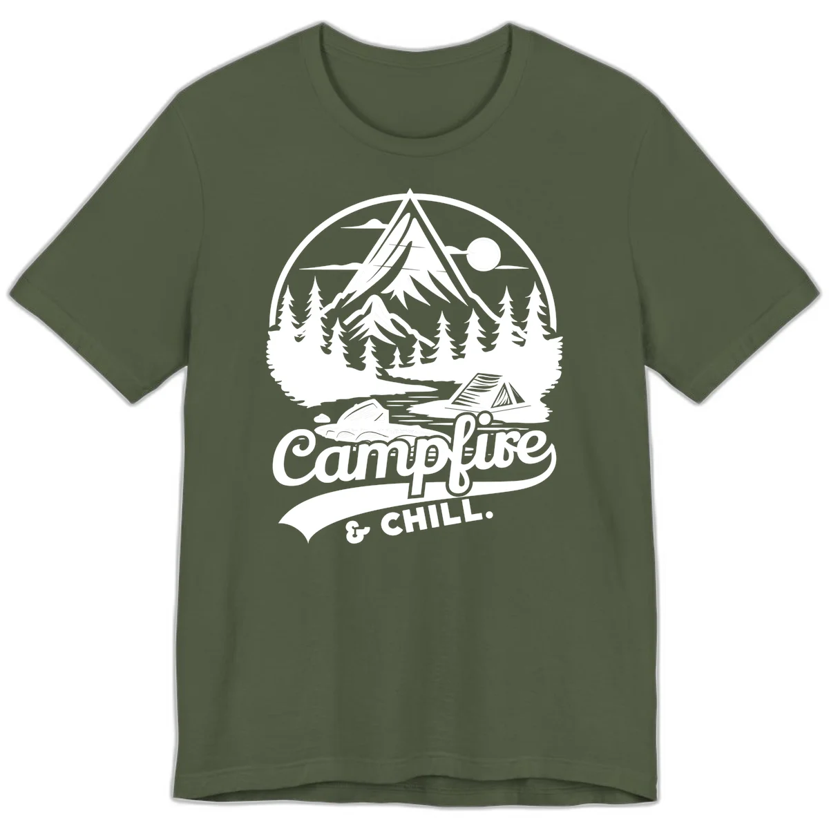 Circular mountain camping badge design featuring snow peak, forest, tent, and campfire with 'Campfire & Chill' text in Military Green