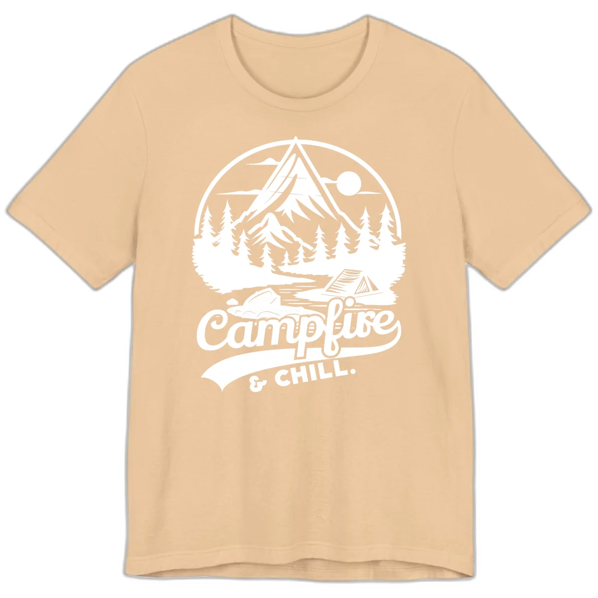 Circular mountain camping badge design featuring snow peak, forest, tent, and campfire with 'Campfire & Chill' text in Sand Dune
