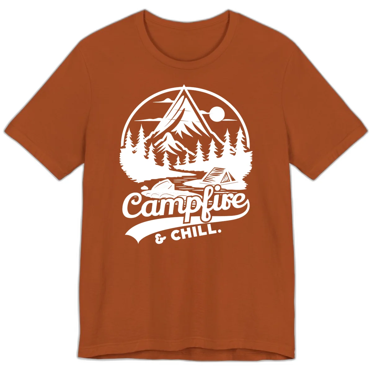 Circular mountain camping badge design featuring snow peak, forest, tent, and campfire with 'Campfire & Chill' text in Autumn