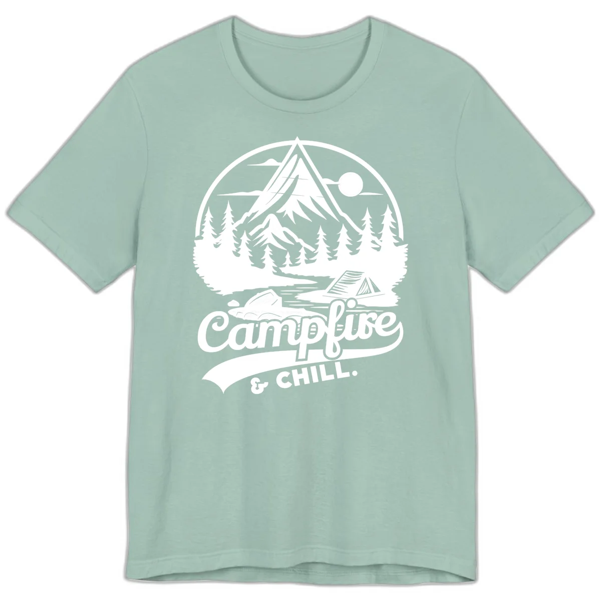 Circular mountain camping badge design featuring snow peak, forest, tent, and campfire with 'Campfire & Chill' text in Dusty Blue