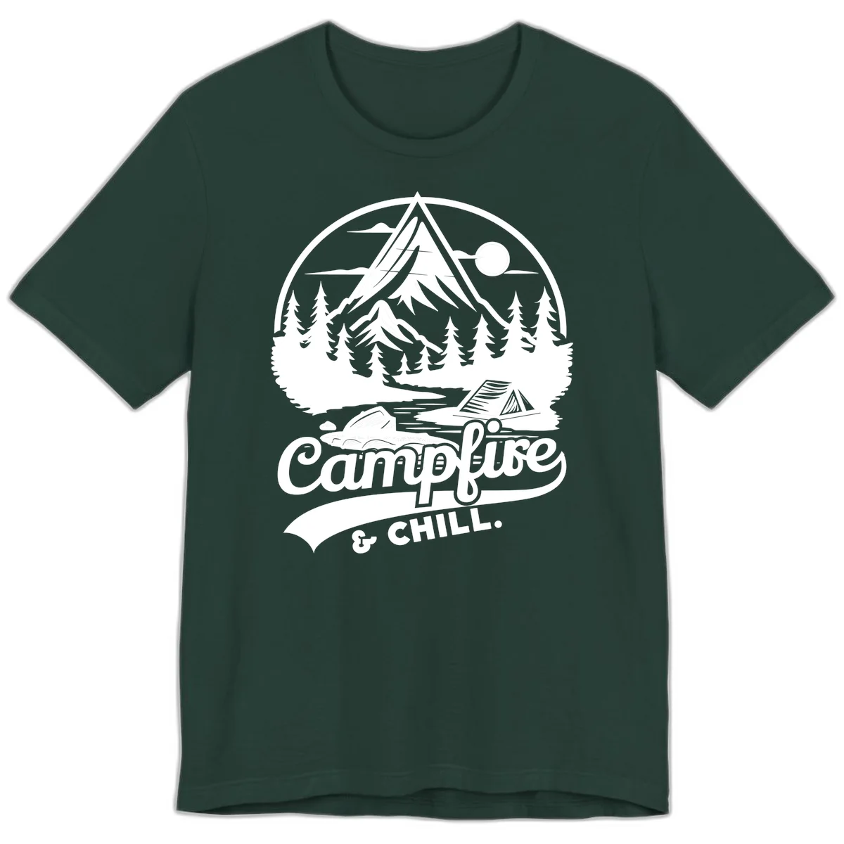 Circular mountain camping badge design featuring snow peak, forest, tent, and campfire with 'Campfire & Chill' text in Forest