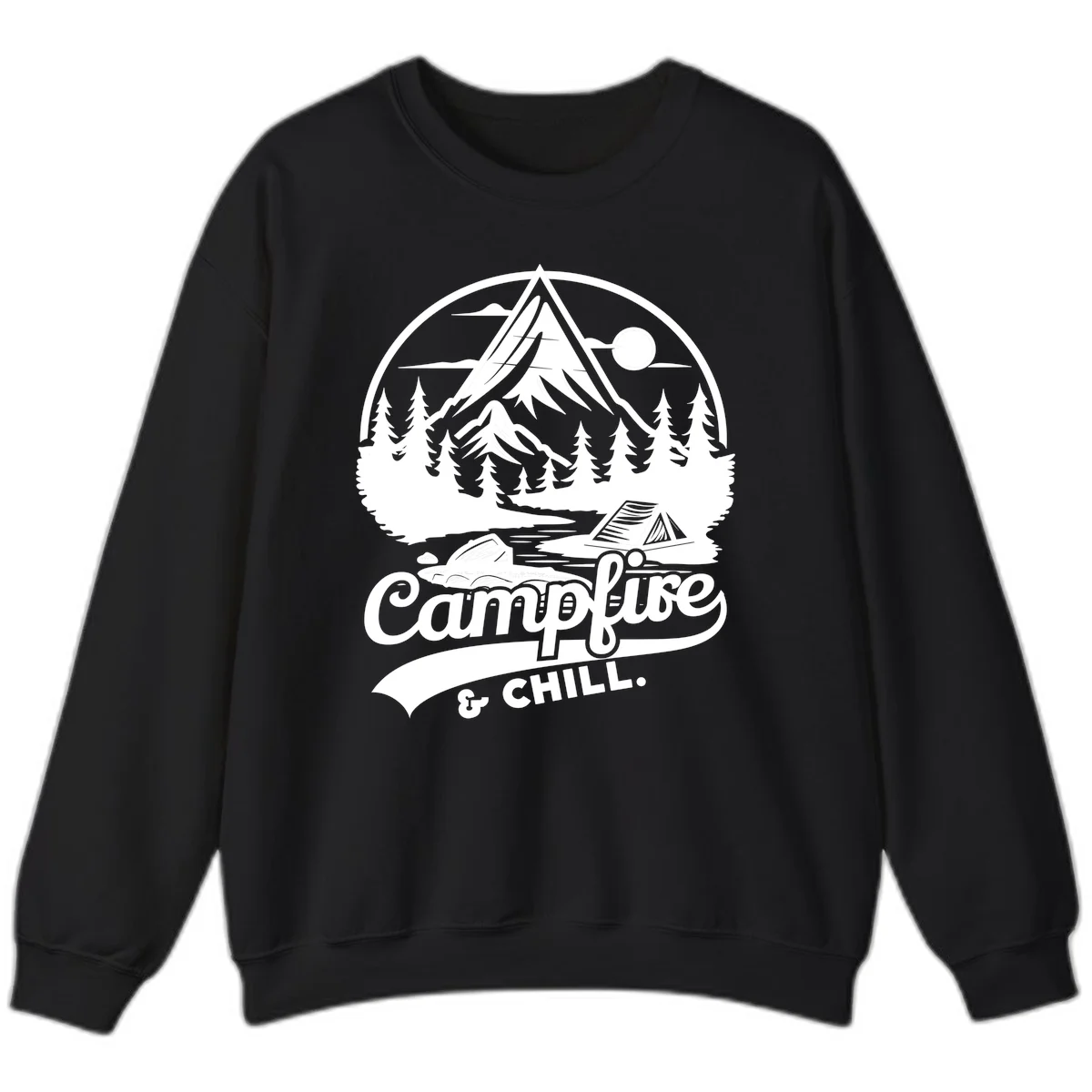 Circular mountain camping badge design featuring snow peak, forest, tent, and campfire with 'Campfire & Chill' text in Black