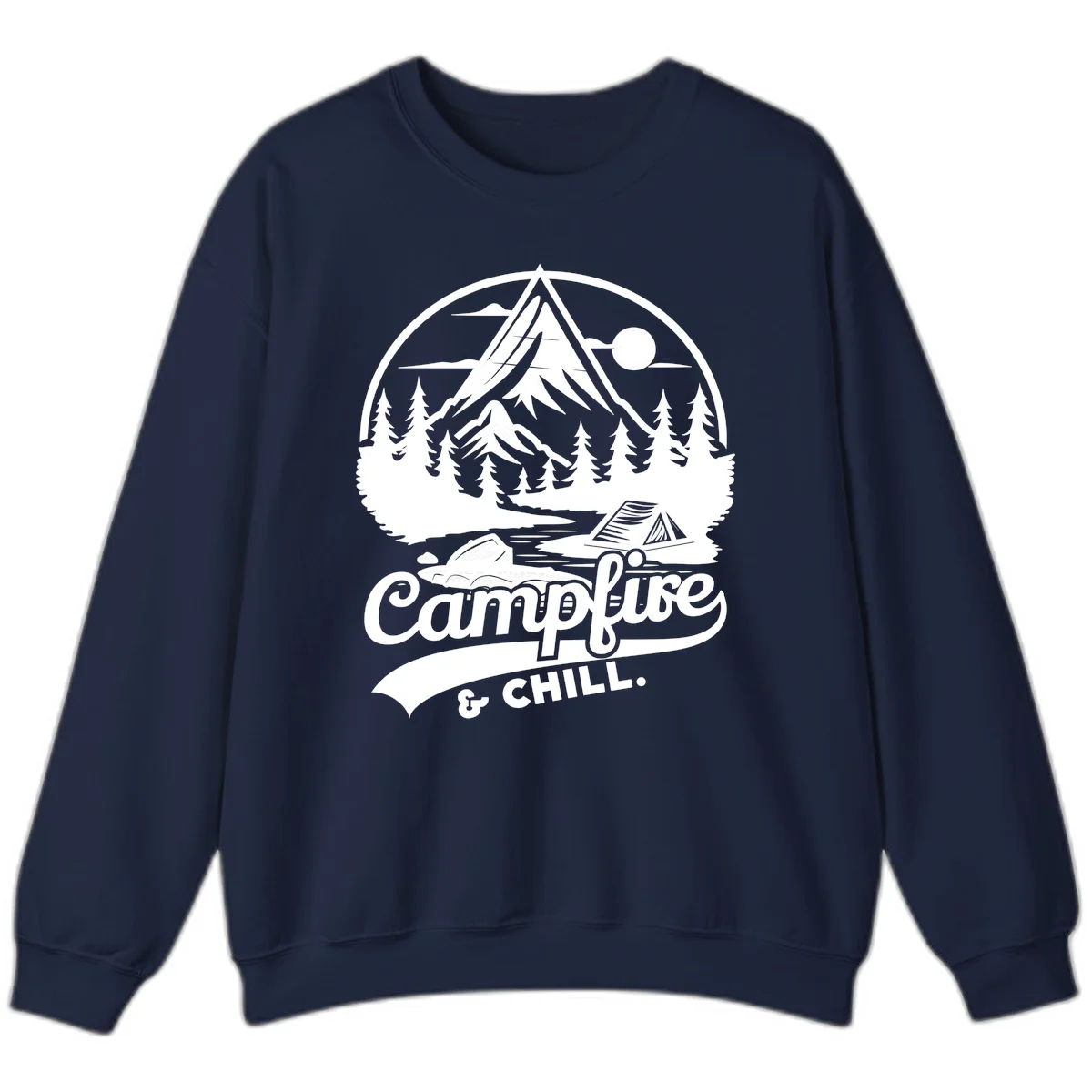 Circular mountain camping badge design featuring snow peak, forest, tent, and campfire with 'Campfire & Chill' text in Navy