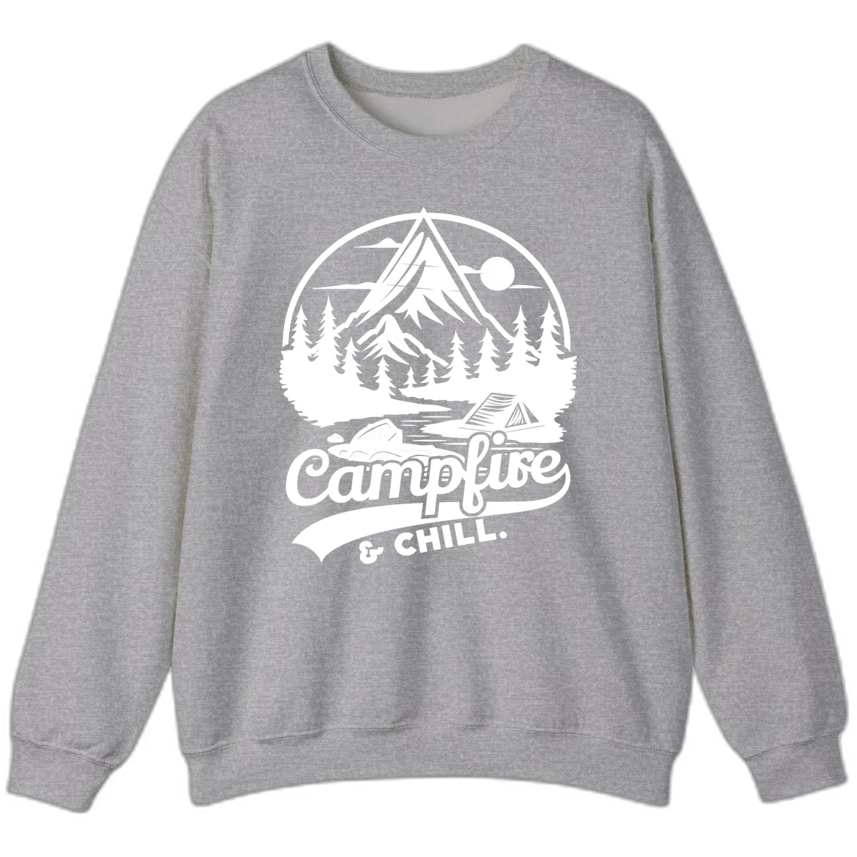Circular mountain camping badge design featuring snow peak, forest, tent, and campfire with 'Campfire & Chill' text in Sport Grey