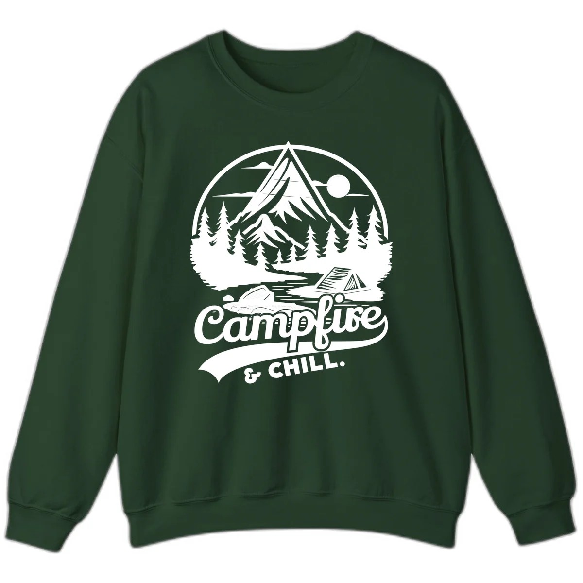 Circular mountain camping badge design featuring snow peak, forest, tent, and campfire with 'Campfire & Chill' text in Forest Green