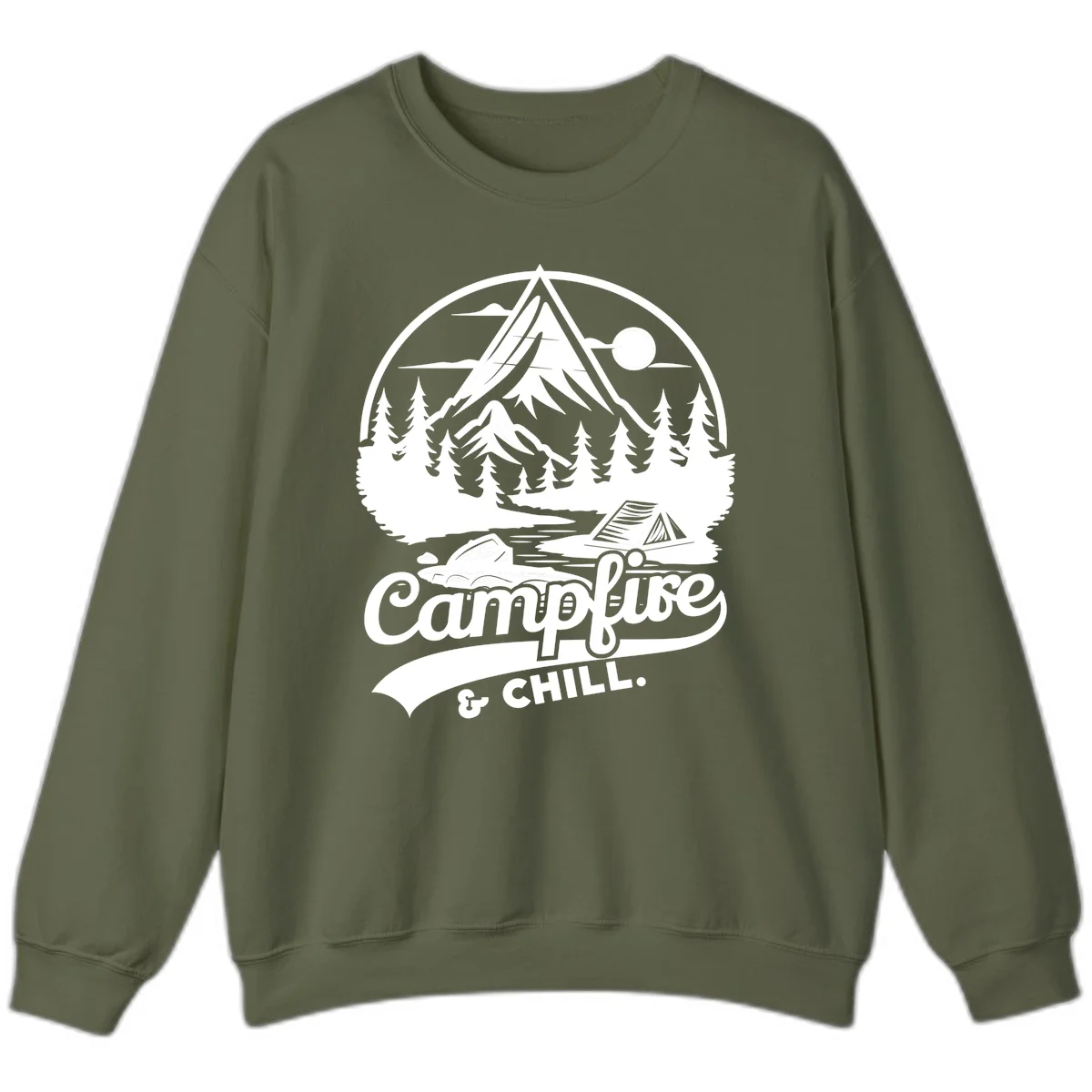 Circular mountain camping badge design featuring snow peak, forest, tent, and campfire with 'Campfire & Chill' text in Military Green