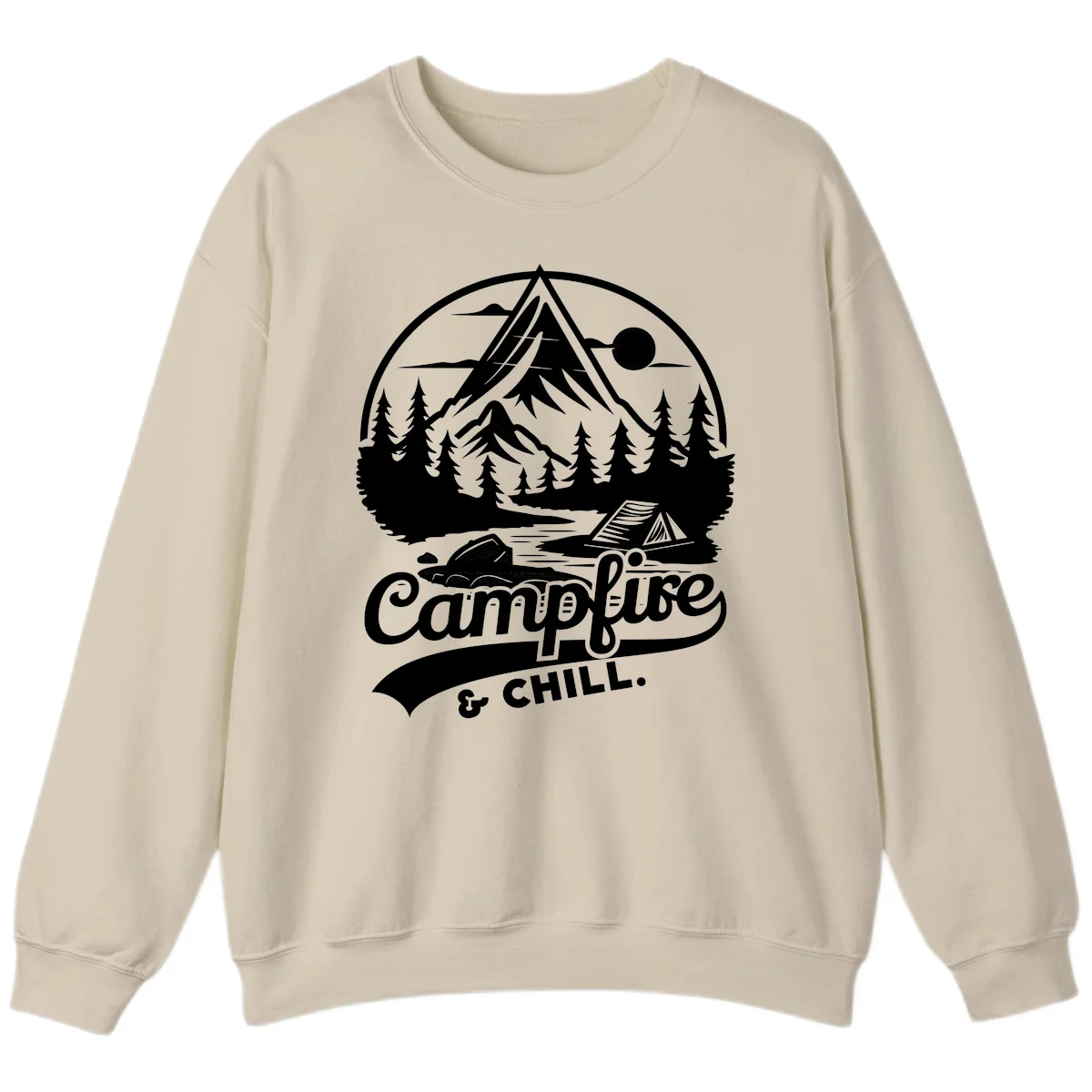 Circular mountain camping badge design featuring snow peak, forest, tent, and campfire with 'Campfire & Chill' text in Sand