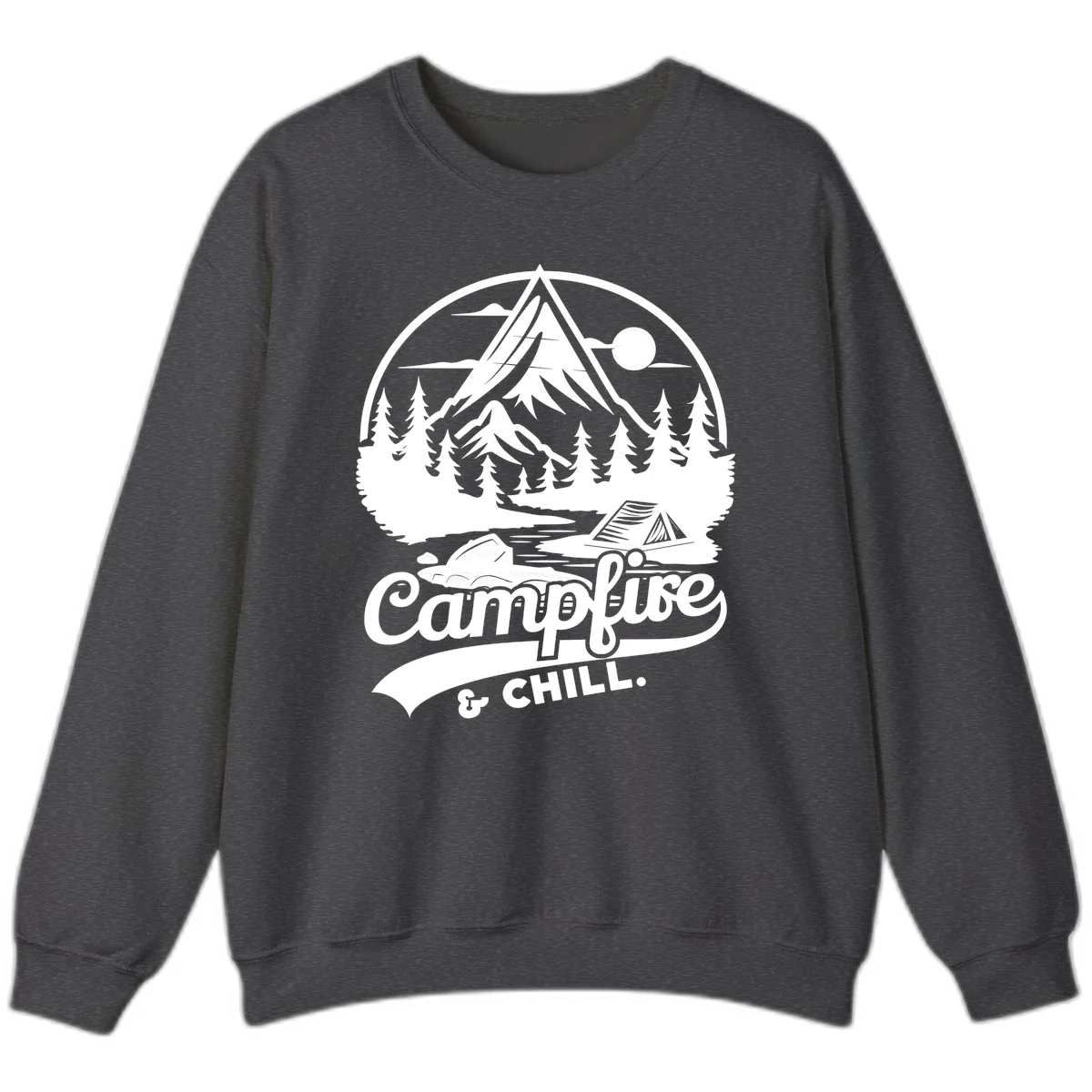 Circular mountain camping badge design featuring snow peak, forest, tent, and campfire with 'Campfire & Chill' text in Dark Heather