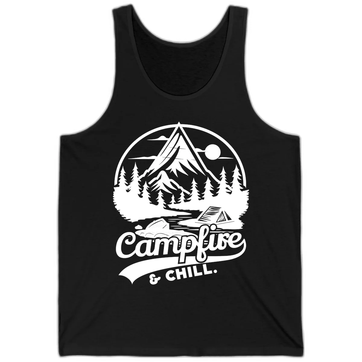 Circular mountain camping badge design featuring snow peak, forest, tent, and campfire with 'Campfire & Chill' text in Black