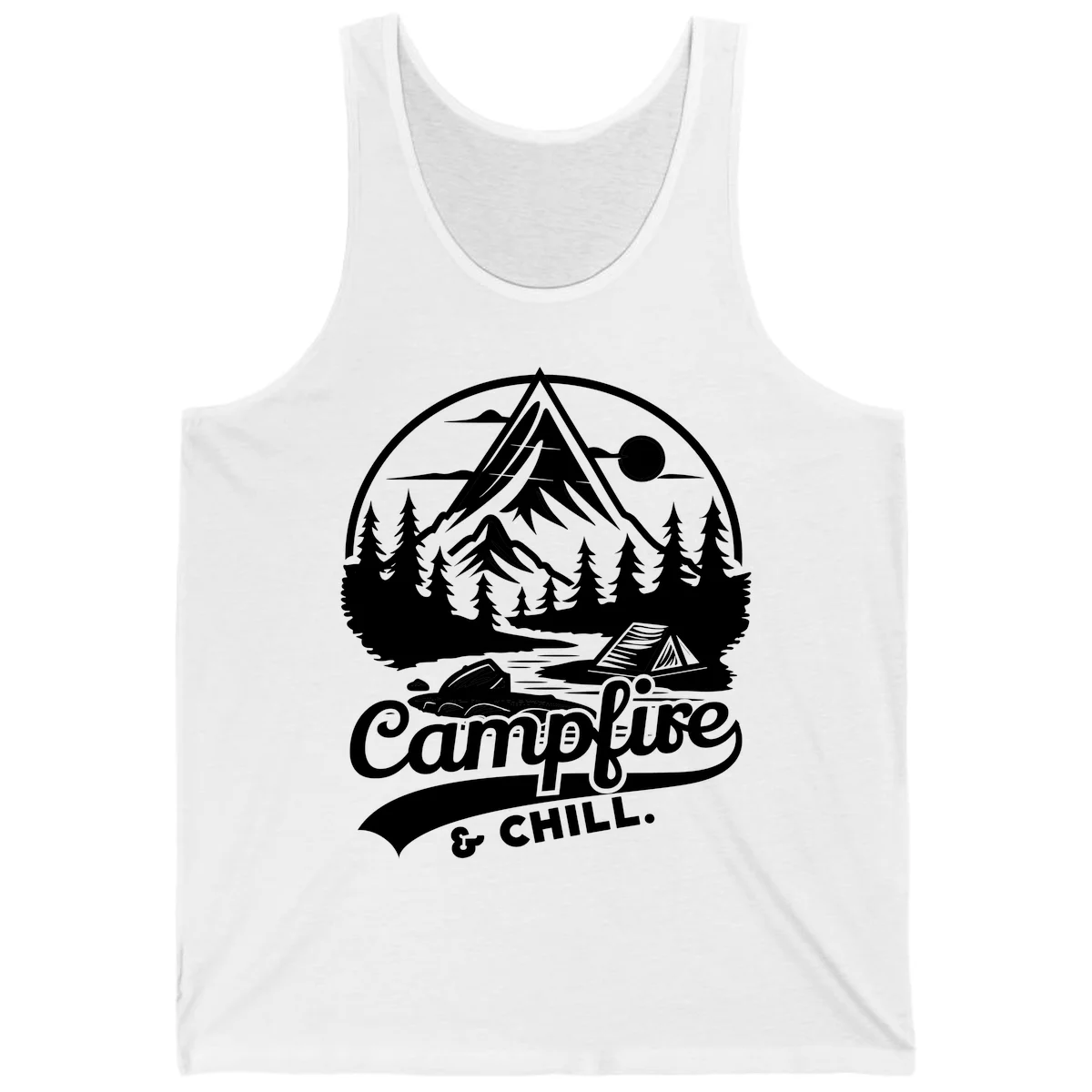 Circular mountain camping badge design featuring snow peak, forest, tent, and campfire with 'Campfire & Chill' text in White