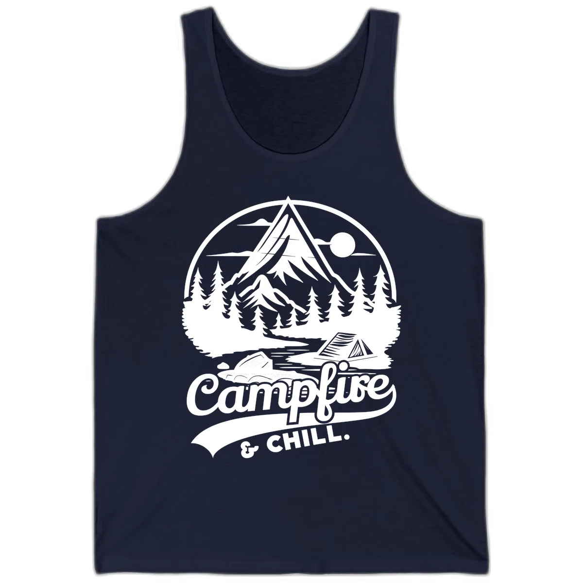 Circular mountain camping badge design featuring snow peak, forest, tent, and campfire with 'Campfire & Chill' text in Navy