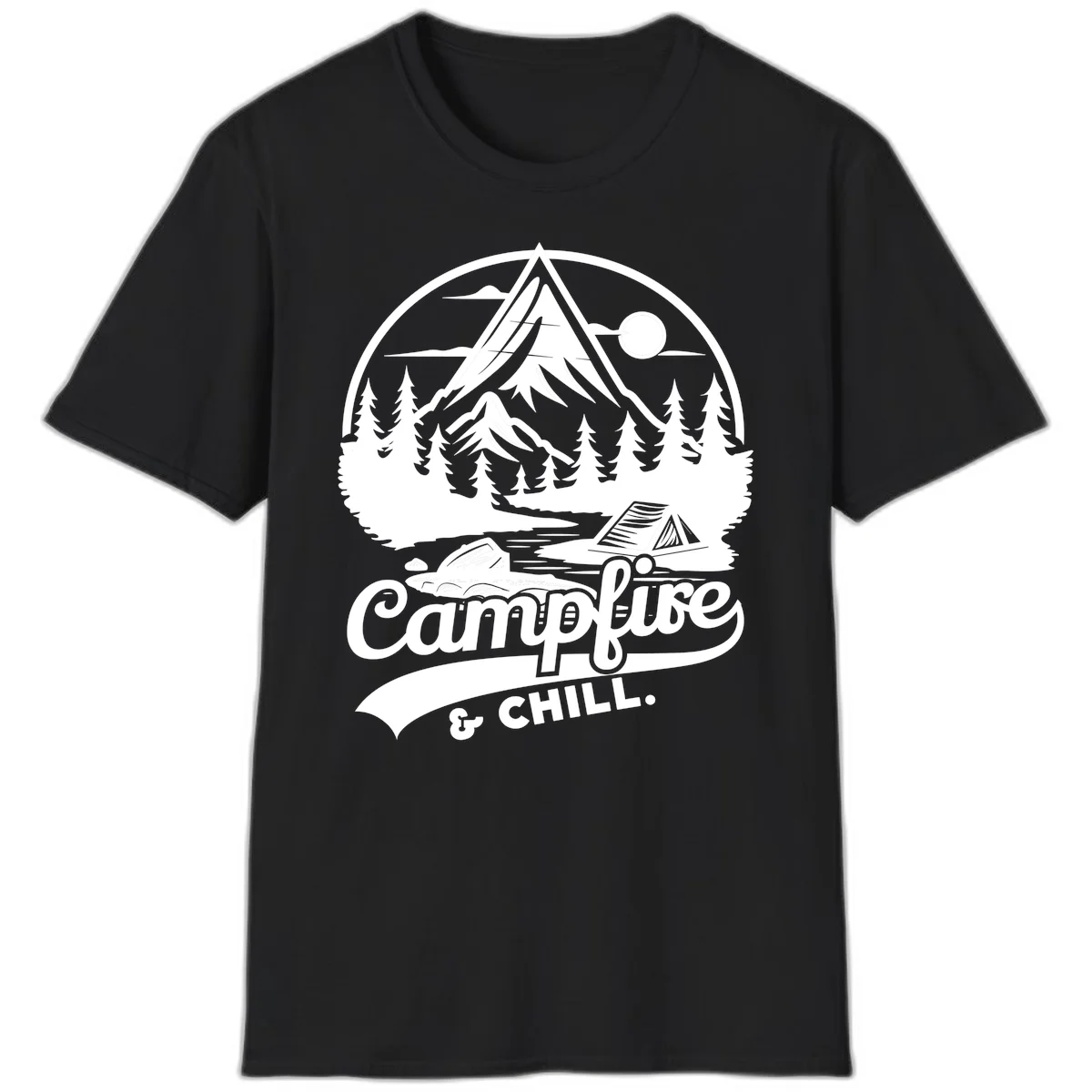 Circular mountain camping badge design featuring snow peak, forest, tent, and campfire with 'Campfire & Chill' text in Black