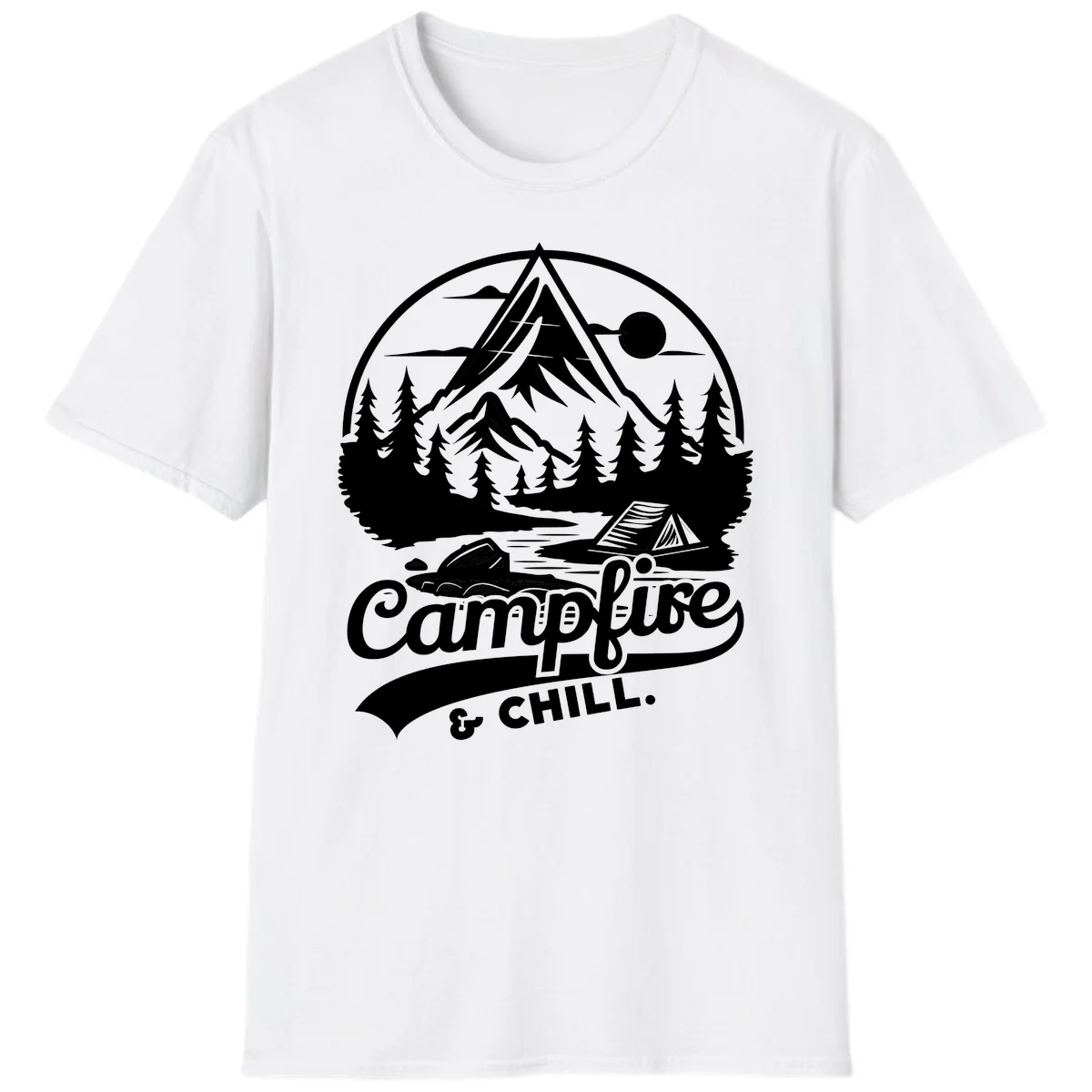 Circular mountain camping badge design featuring snow peak, forest, tent, and campfire with 'Campfire & Chill' text in White