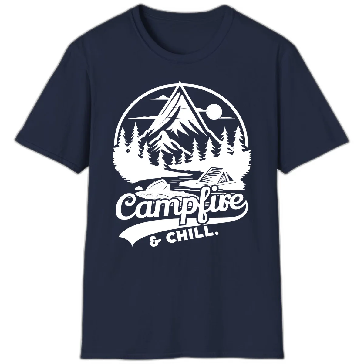 Circular mountain camping badge design featuring snow peak, forest, tent, and campfire with 'Campfire & Chill' text in Navy