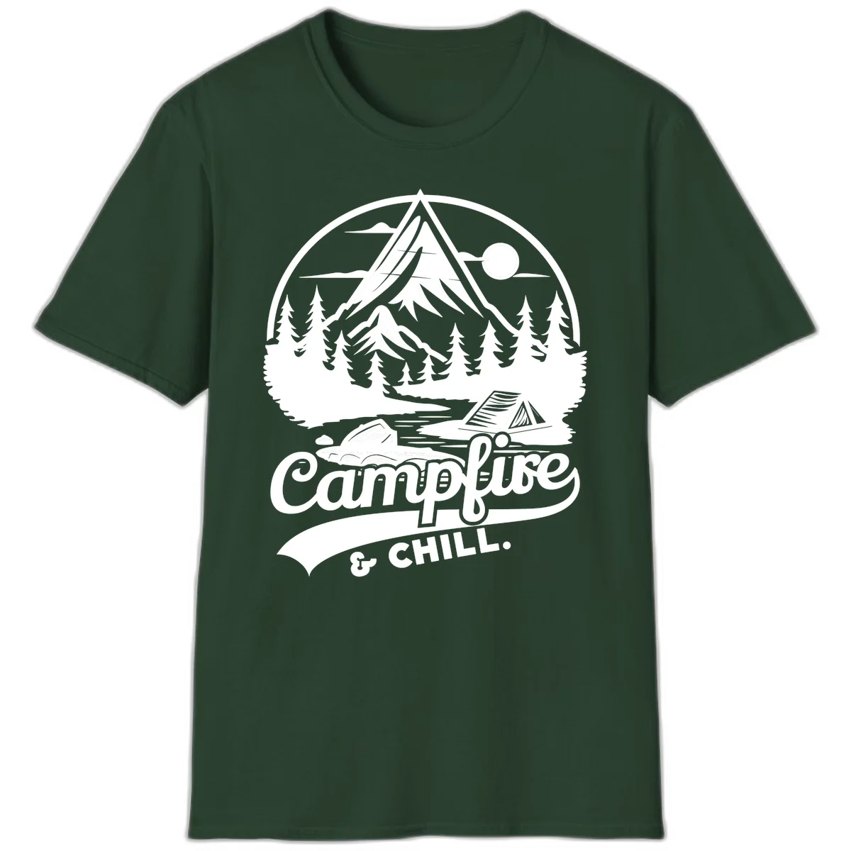 Circular mountain camping badge design featuring snow peak, forest, tent, and campfire with 'Campfire & Chill' text in Forest Green