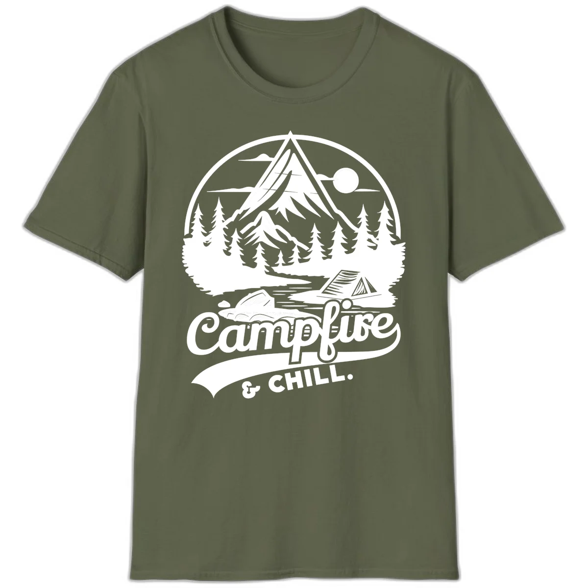 Circular mountain camping badge design featuring snow peak, forest, tent, and campfire with 'Campfire & Chill' text in Military Green