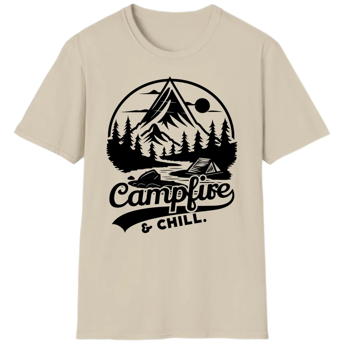Circular mountain camping badge design featuring snow peak, forest, tent, and campfire with 'Campfire & Chill' text in Sand