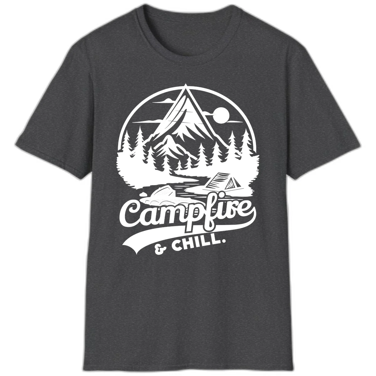 Circular mountain camping badge design featuring snow peak, forest, tent, and campfire with 'Campfire & Chill' text in Dark Heather
