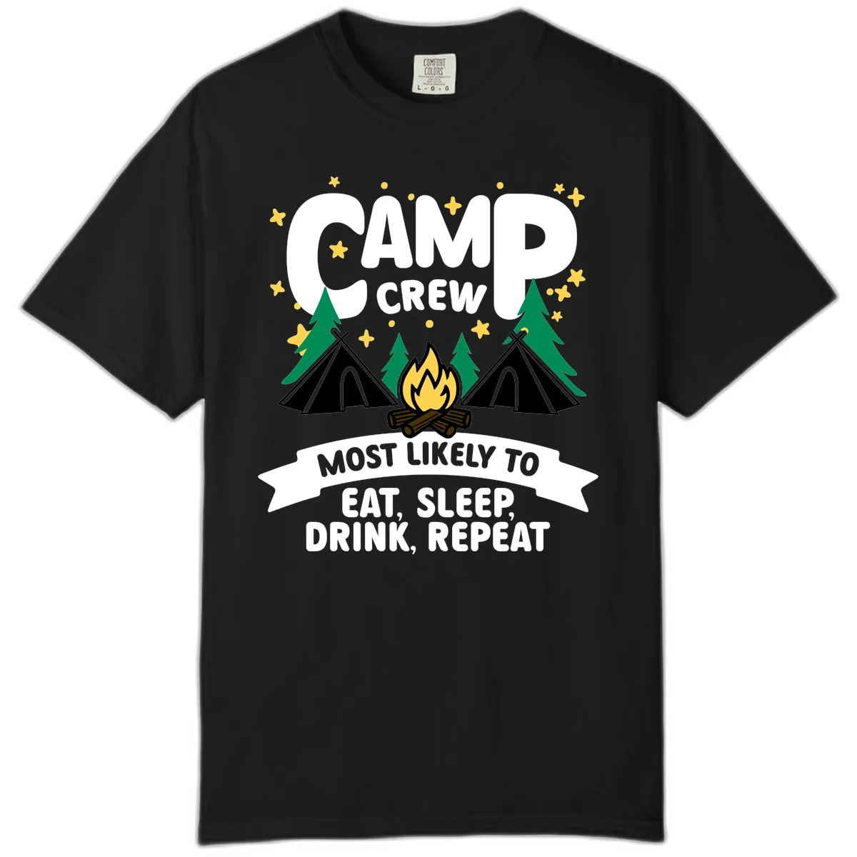 Camp crew superlative design with tents, campfire, stars, and 'eat sleep drink repeat' text on gray background in Black