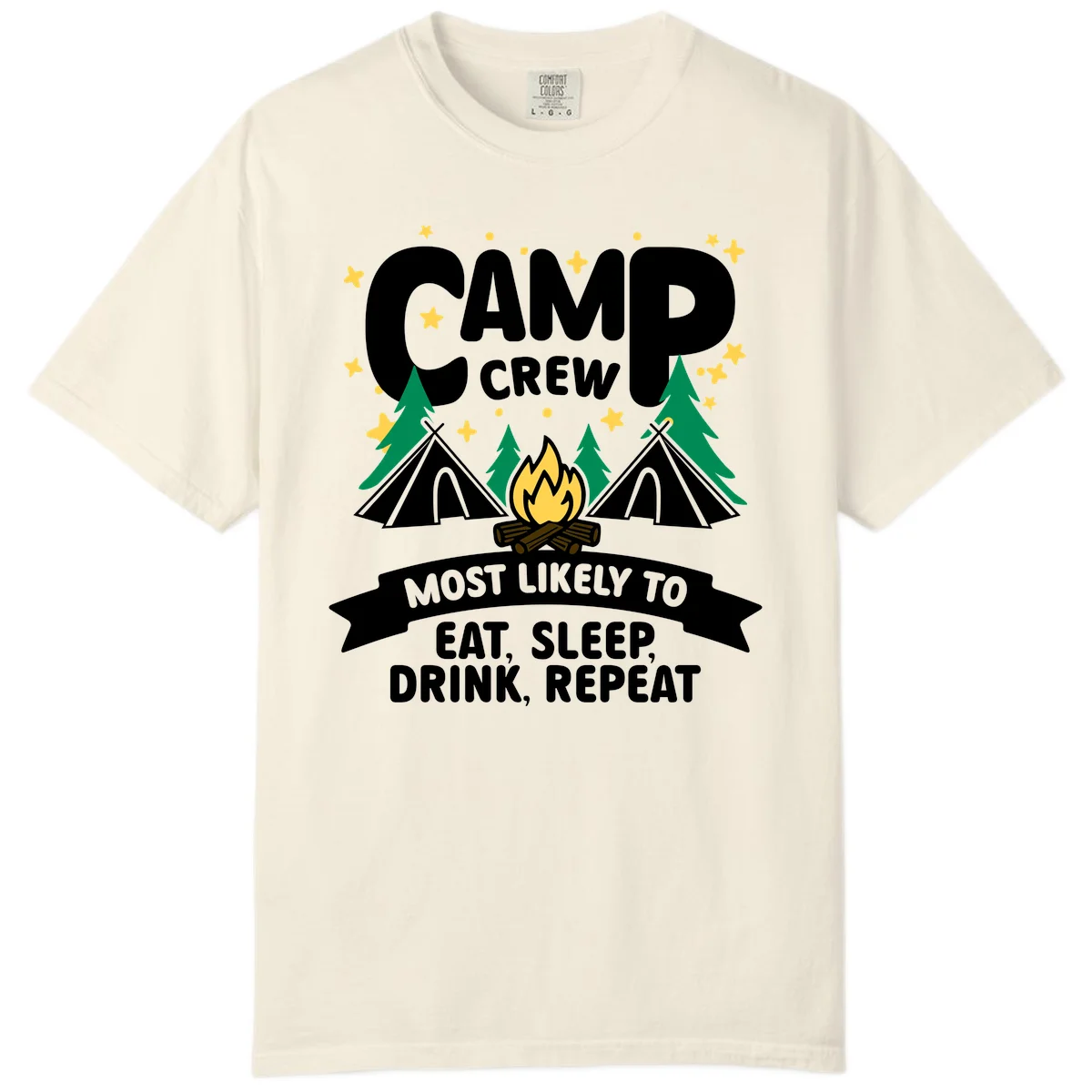 Camp crew superlative design with tents, campfire, stars, and 'eat sleep drink repeat' text on gray background in Ivory
