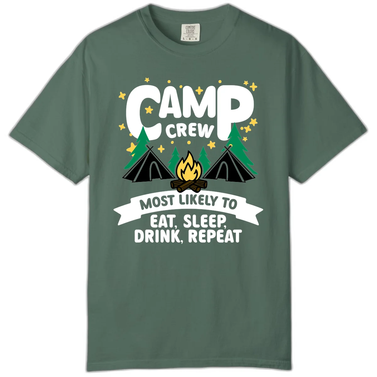 Camp crew superlative design with tents, campfire, stars, and 'eat sleep drink repeat' text on gray background in Blue Spruce