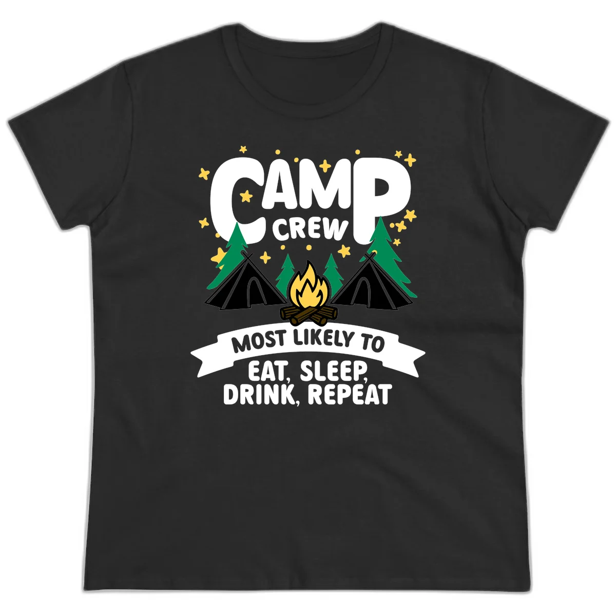 Camp crew superlative design with tents, campfire, stars, and 'eat sleep drink repeat' text on gray background in Black