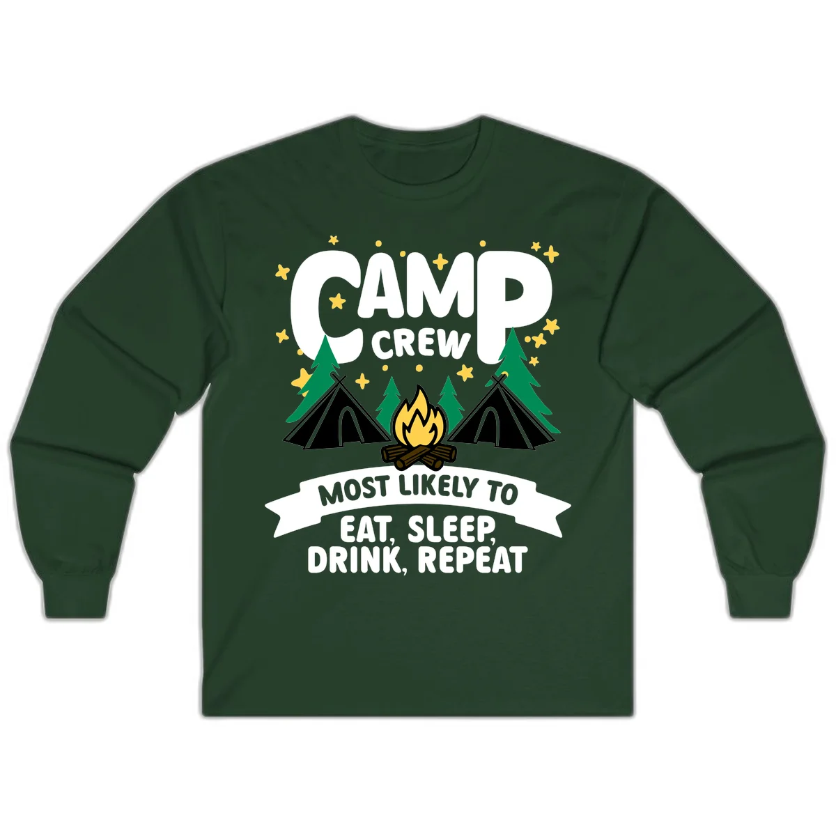 Camp crew superlative design with tents, campfire, stars, and 'eat sleep drink repeat' text on gray background in Forest Green