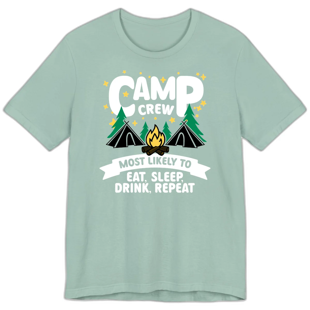 Camp crew superlative design with tents, campfire, stars, and 'eat sleep drink repeat' text on gray background in Dusty Blue