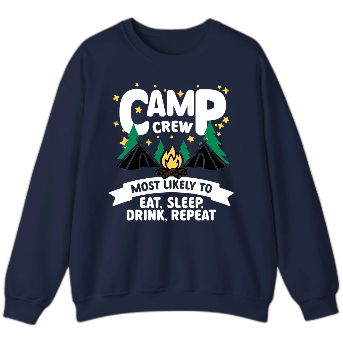 Camp crew superlative design with tents, campfire, stars, and 'eat sleep drink repeat' text on gray background in Navy