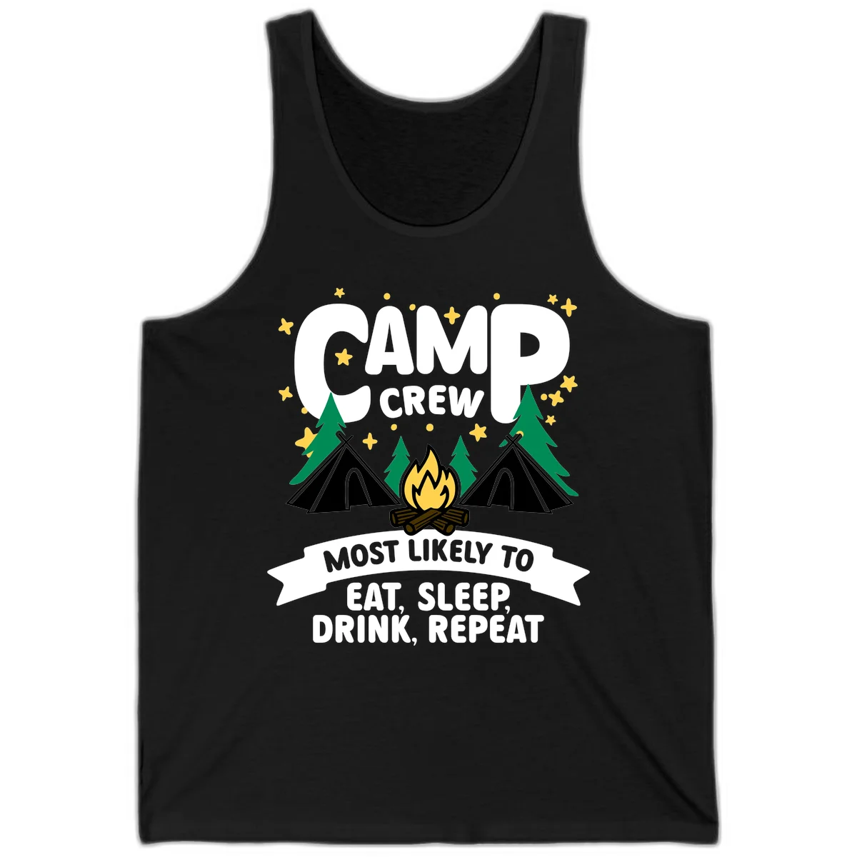 Camp crew superlative design with tents, campfire, stars, and 'eat sleep drink repeat' text on gray background in Black