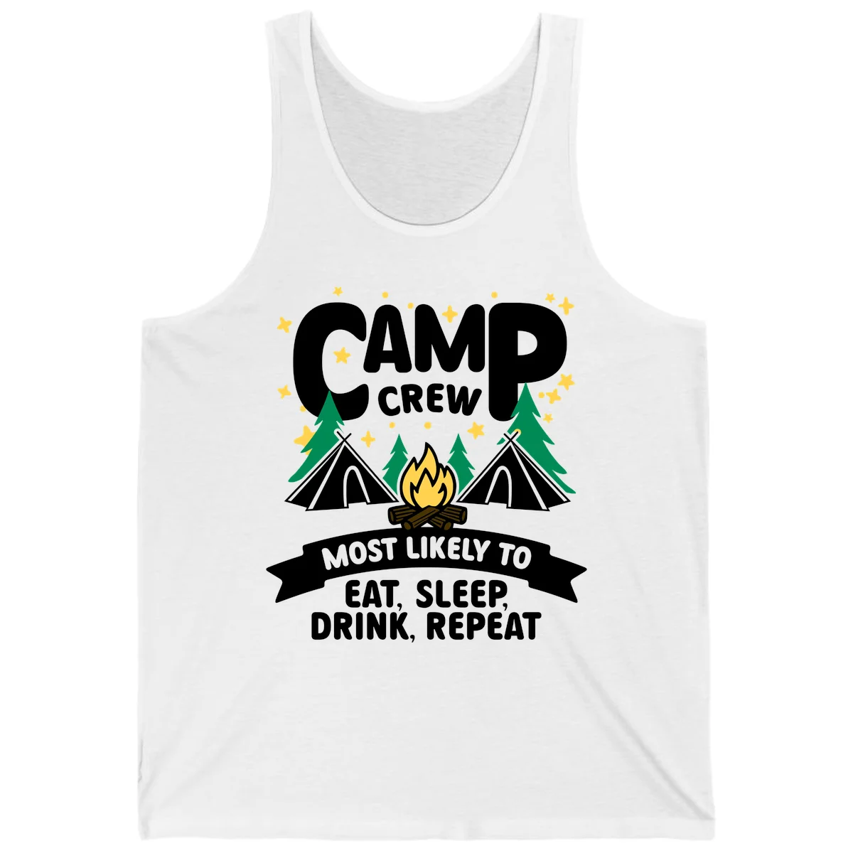 Camp crew superlative design with tents, campfire, stars, and 'eat sleep drink repeat' text on gray background in White