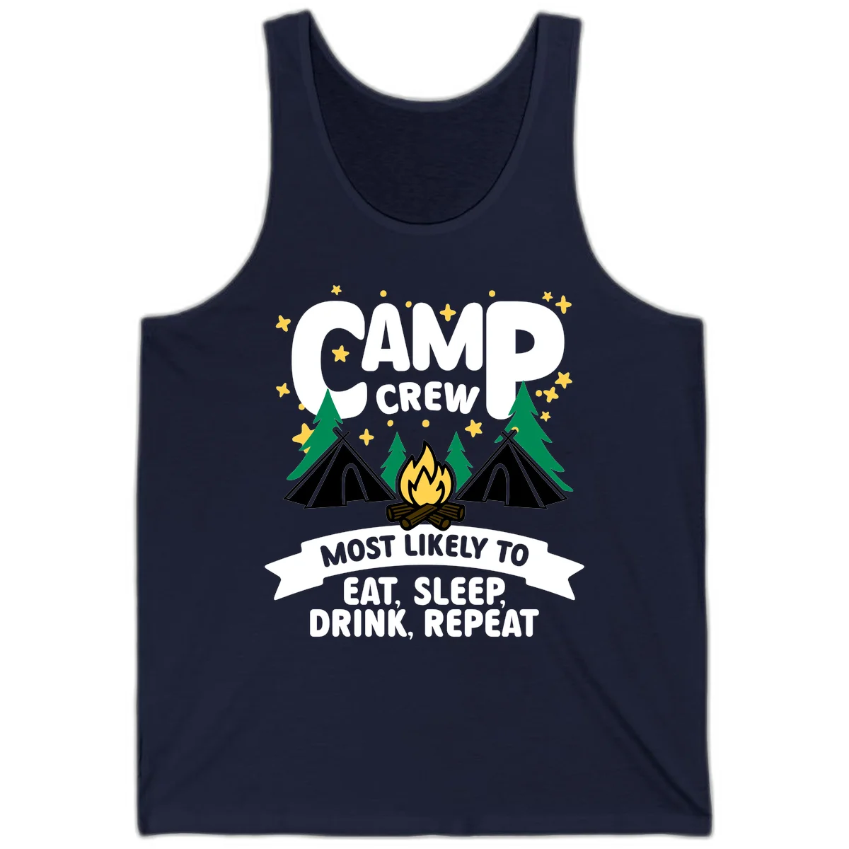 Camp crew superlative design with tents, campfire, stars, and 'eat sleep drink repeat' text on gray background in Navy