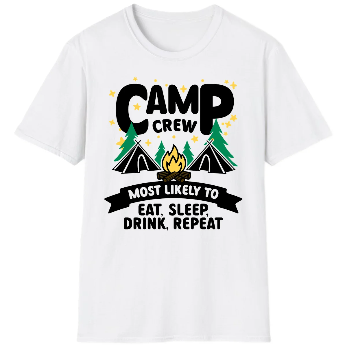 Camp crew superlative design with tents, campfire, stars, and 'eat sleep drink repeat' text on gray background in White