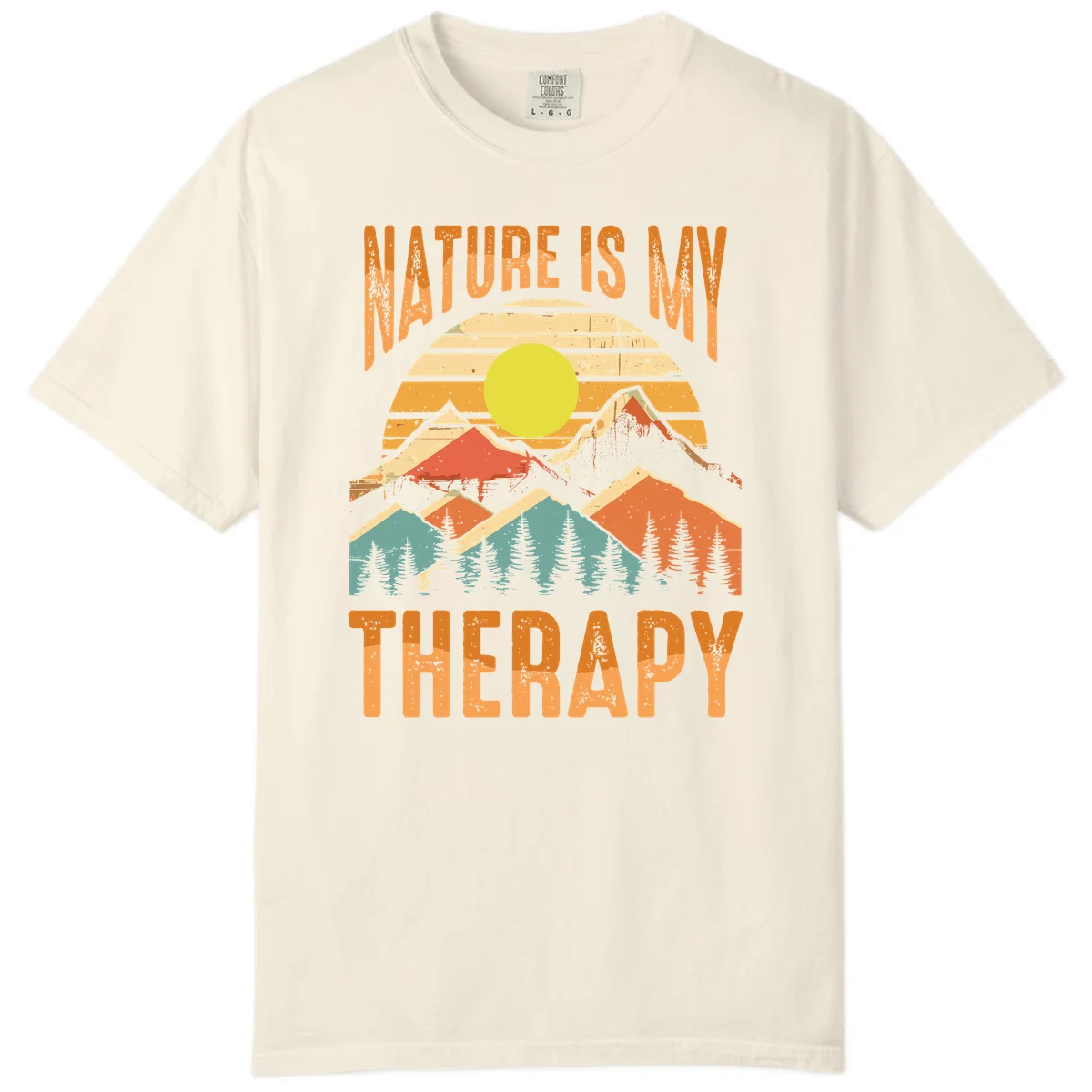 Vintage-style nature is my therapy design featuring layered mountains, sun, and forest with retro stripes and distressed texture in Ivory