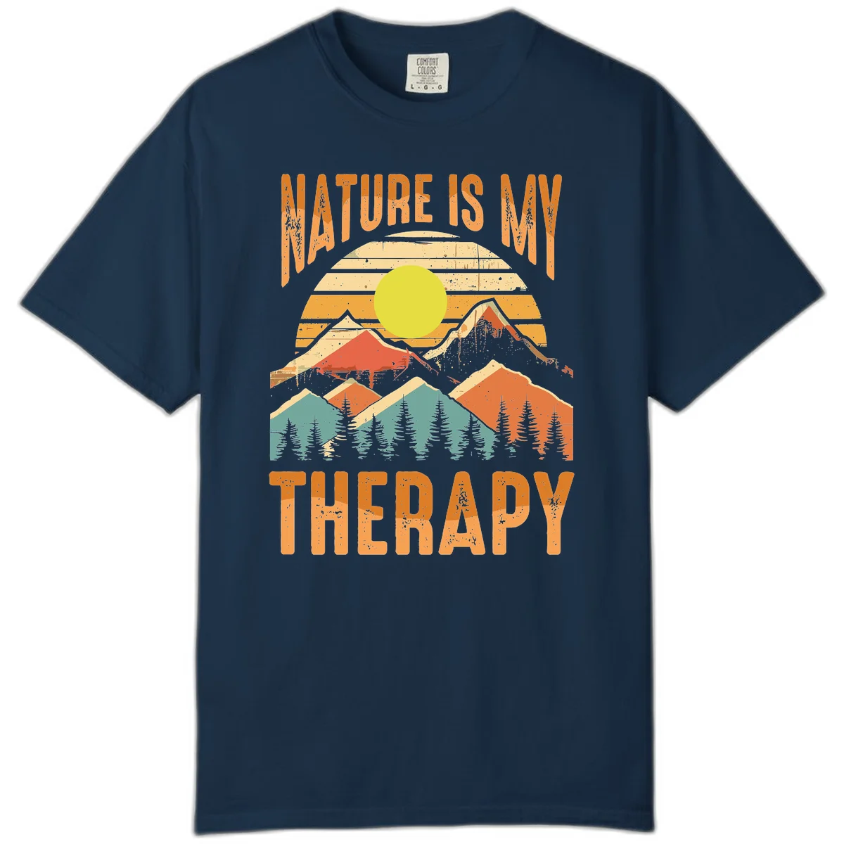 Vintage-style nature is my therapy design featuring layered mountains, sun, and forest with retro stripes and distressed texture in True Navy