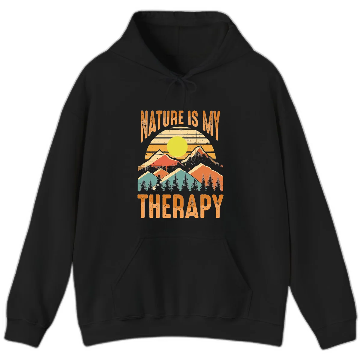 Vintage-style nature is my therapy design featuring layered mountains, sun, and forest with retro stripes and distressed texture in Black