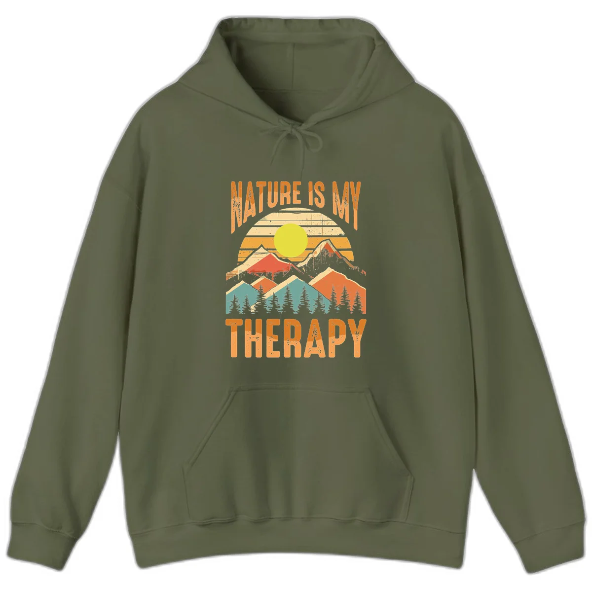 Vintage-style nature is my therapy design featuring layered mountains, sun, and forest with retro stripes and distressed texture in Military Green