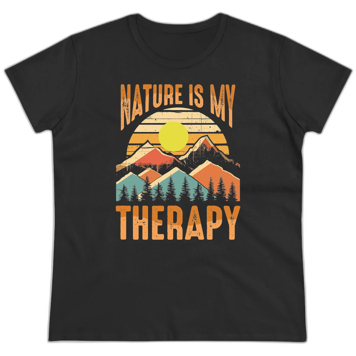 Vintage-style nature is my therapy design featuring layered mountains, sun, and forest with retro stripes and distressed texture in Black