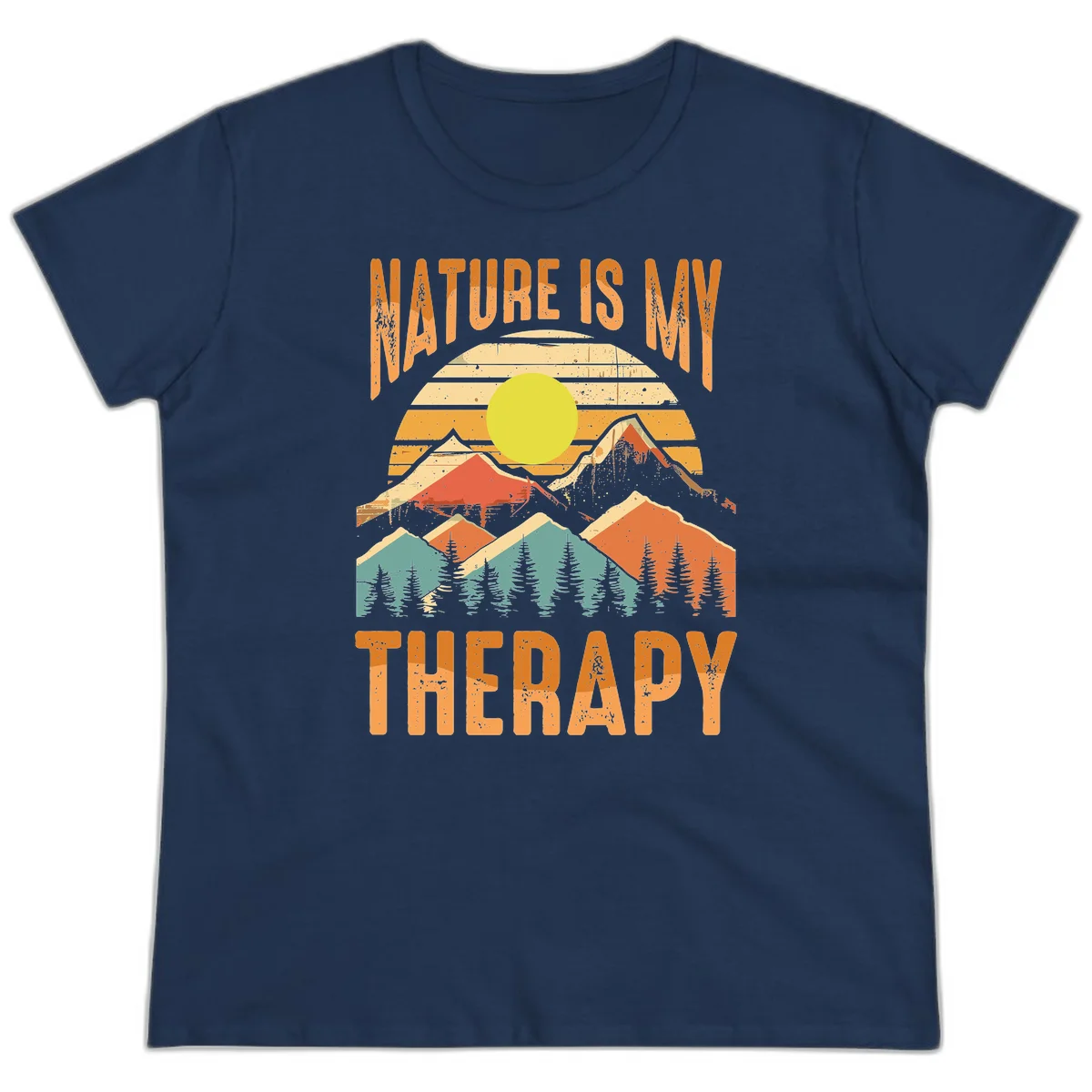 Vintage-style nature is my therapy design featuring layered mountains, sun, and forest with retro stripes and distressed texture in Navy