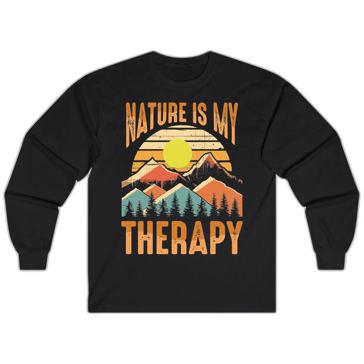 Vintage-style nature is my therapy design featuring layered mountains, sun, and forest with retro stripes and distressed texture in Black