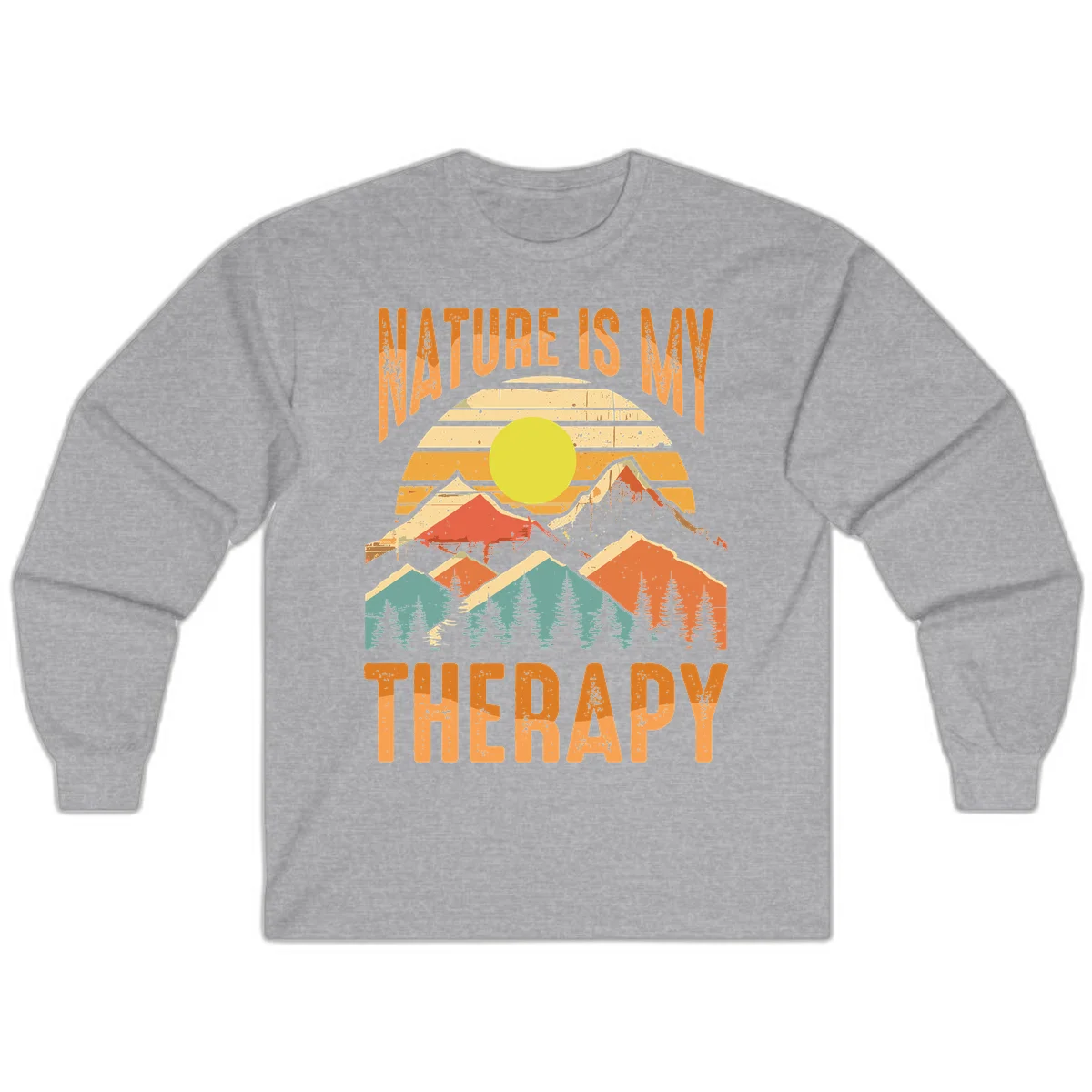 Vintage-style nature is my therapy design featuring layered mountains, sun, and forest with retro stripes and distressed texture in Sport Grey