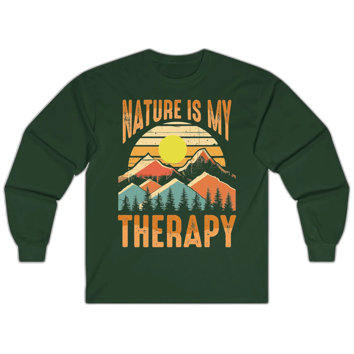 Vintage-style nature is my therapy design featuring layered mountains, sun, and forest with retro stripes and distressed texture in Forest Green