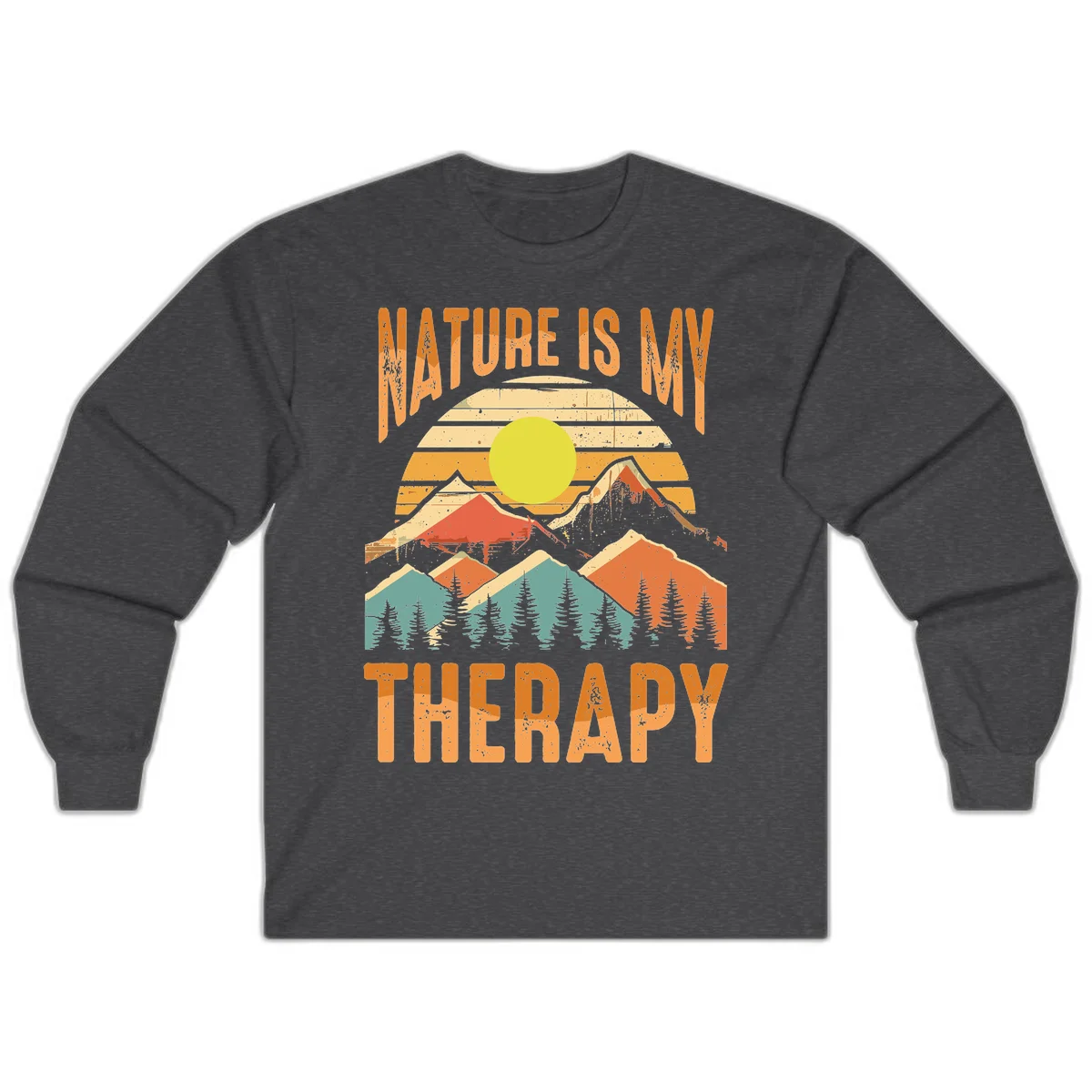 Vintage-style nature is my therapy design featuring layered mountains, sun, and forest with retro stripes and distressed texture in Dark Heather