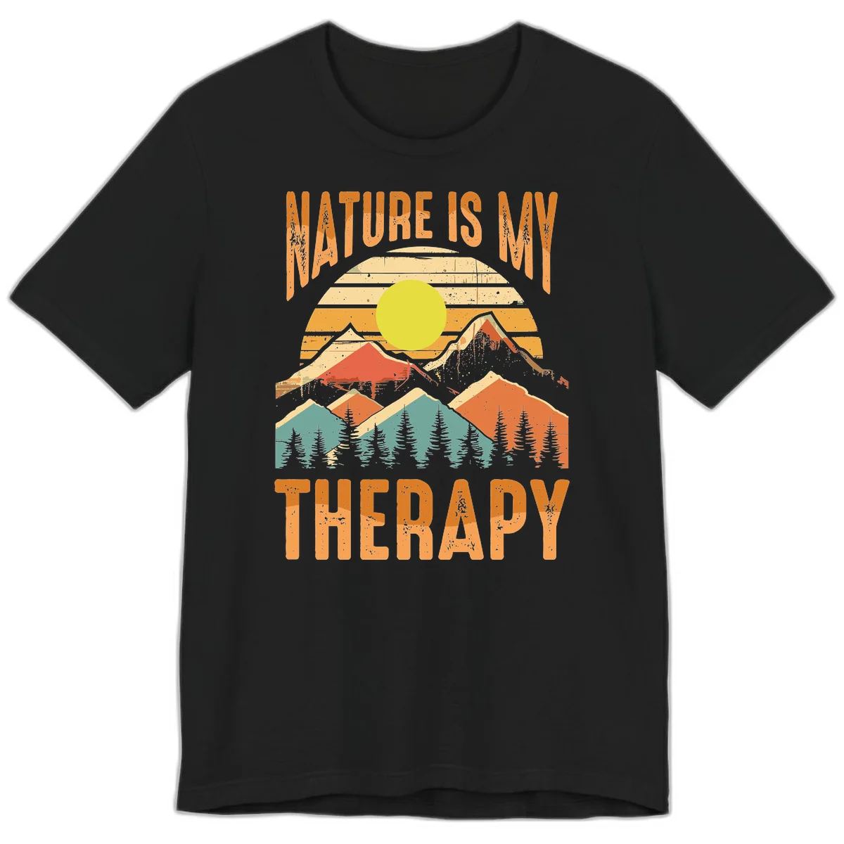Vintage-style nature is my therapy design featuring layered mountains, sun, and forest with retro stripes and distressed texture in Black
