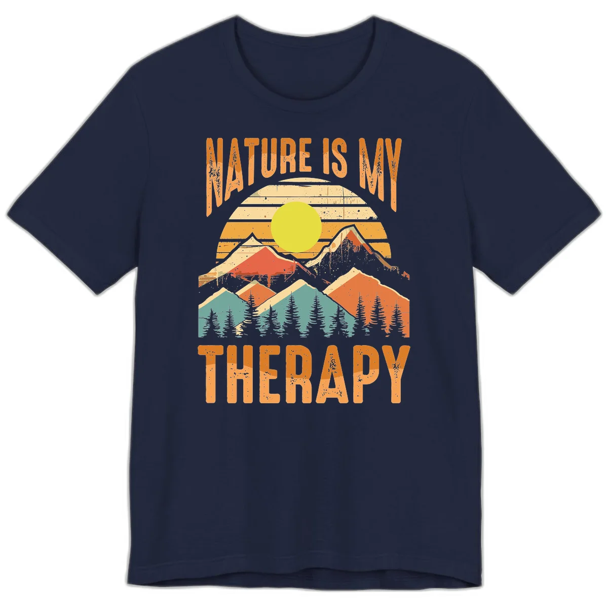 Vintage-style nature is my therapy design featuring layered mountains, sun, and forest with retro stripes and distressed texture in Navy