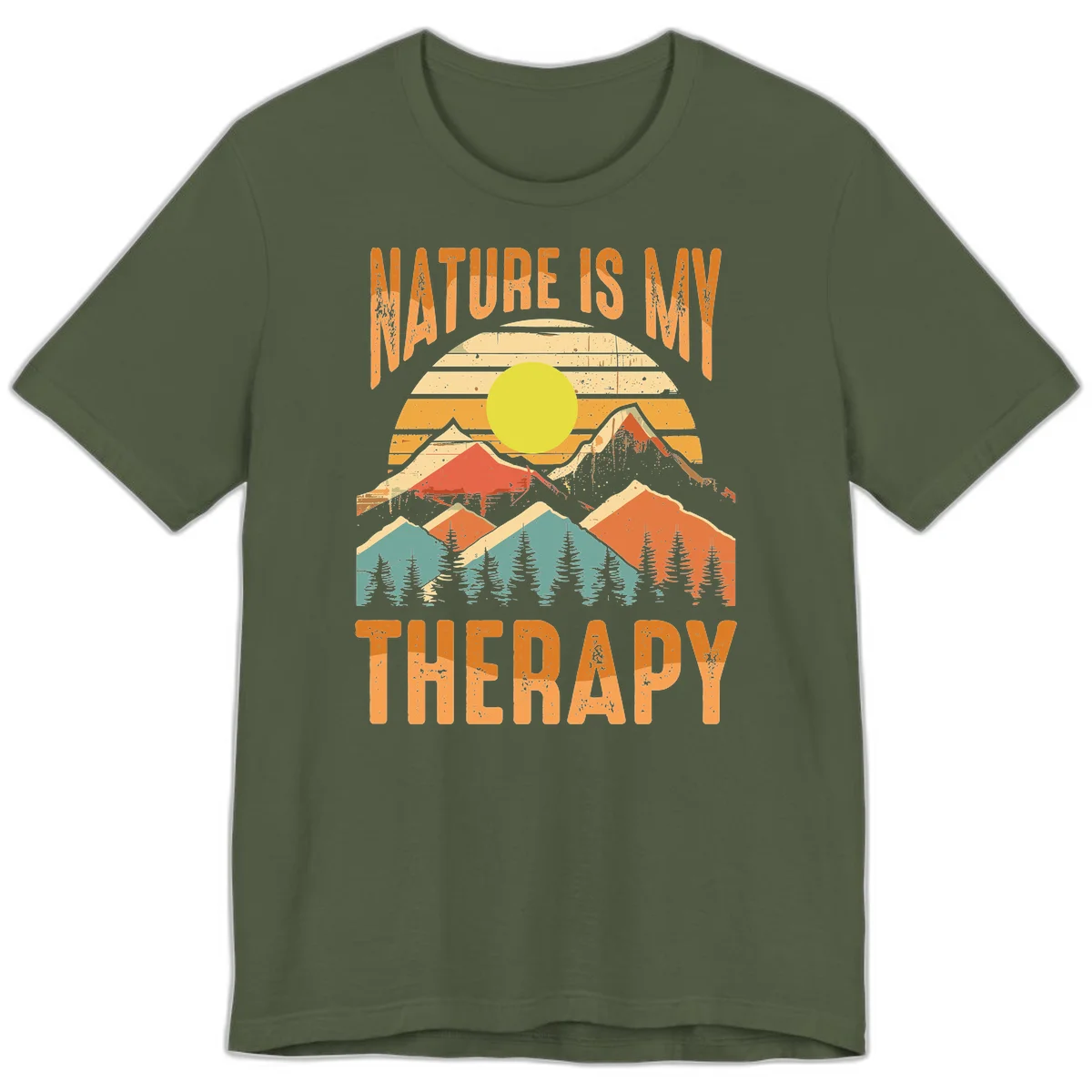 Vintage-style nature is my therapy design featuring layered mountains, sun, and forest with retro stripes and distressed texture in Military Green
