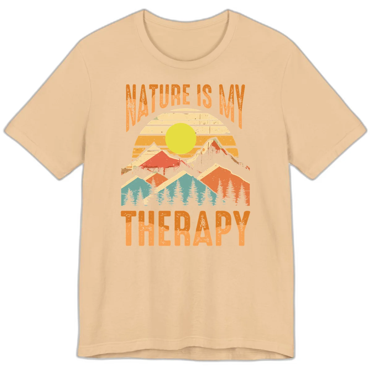 Vintage-style nature is my therapy design featuring layered mountains, sun, and forest with retro stripes and distressed texture in Sand Dune