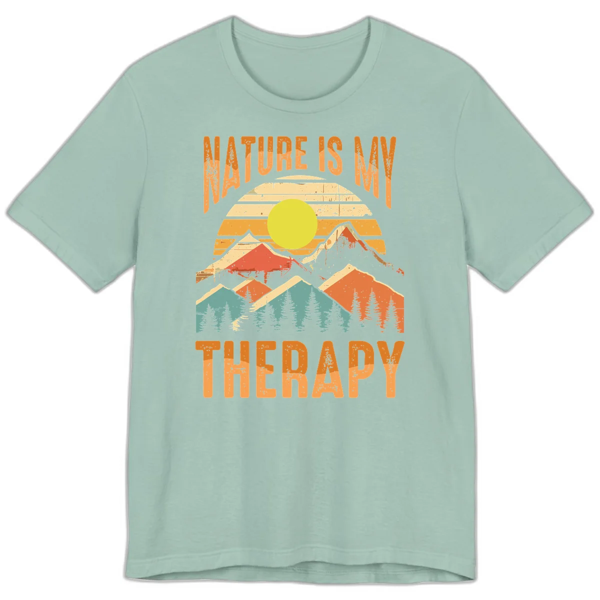 Vintage-style nature is my therapy design featuring layered mountains, sun, and forest with retro stripes and distressed texture in Dusty Blue