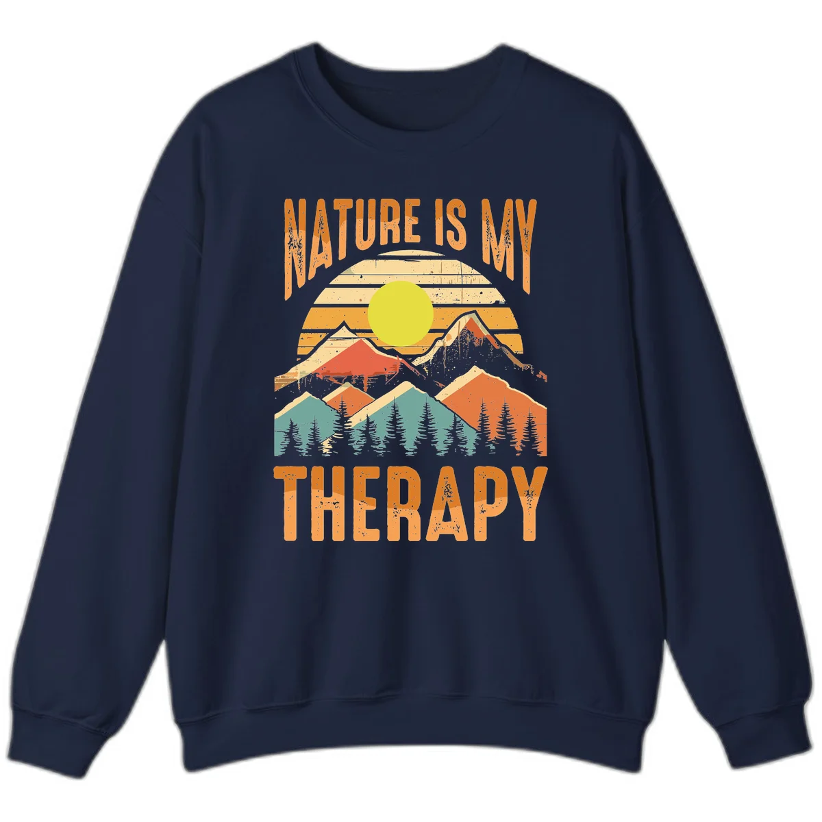 Vintage-style nature is my therapy design featuring layered mountains, sun, and forest with retro stripes and distressed texture in Navy